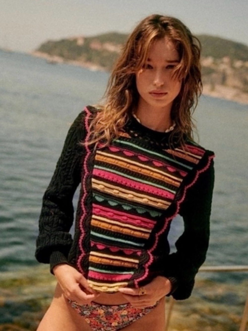 Sézane Black Sweater with Multicolor Striped Front Panel